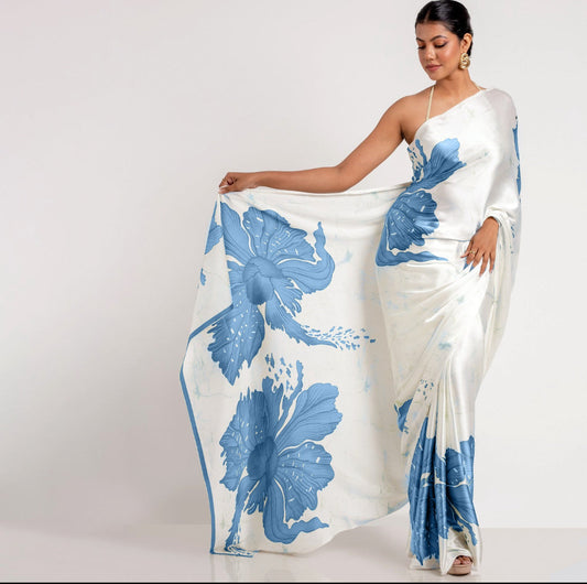 Blue Bloom Elegance – Satin Silk Saree