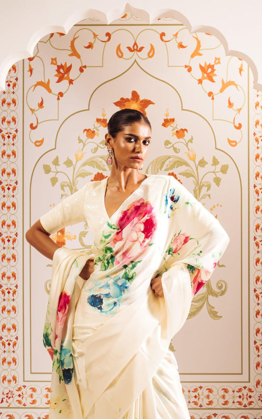 Ivory Elegance Floral Satin Saree with Subtle Sheen & Blouse
