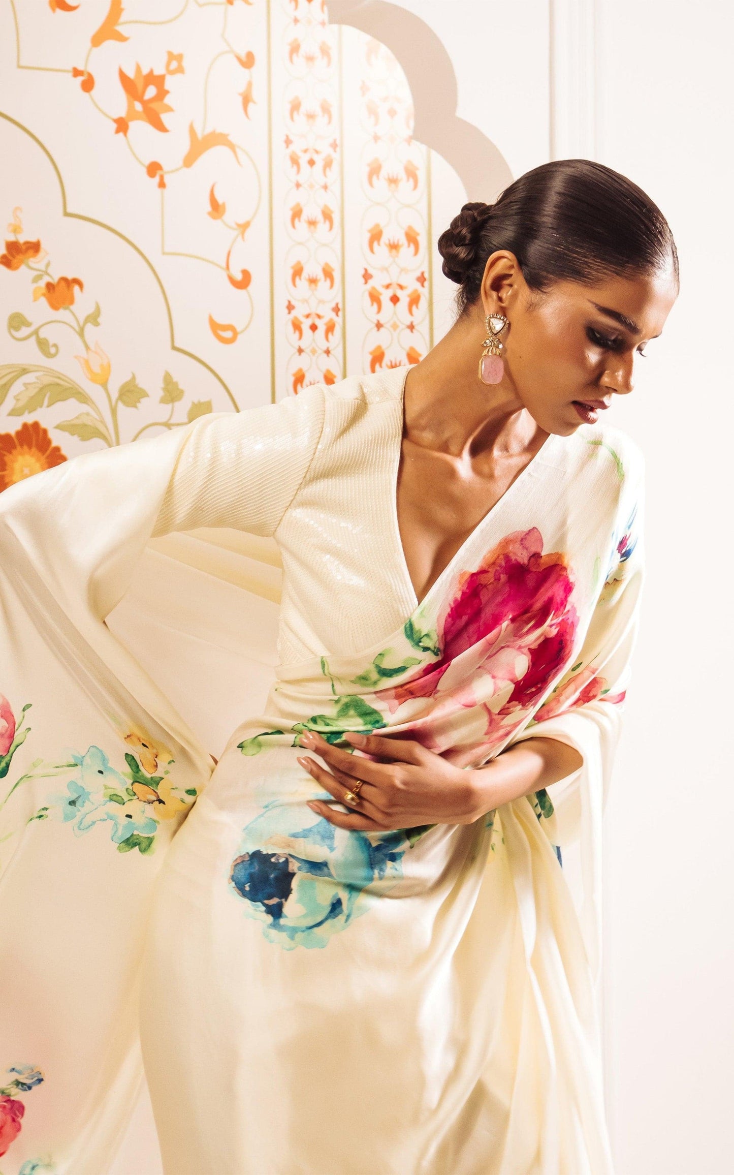 Ivory Elegance Floral Satin Saree with Subtle Sheen & Blouse