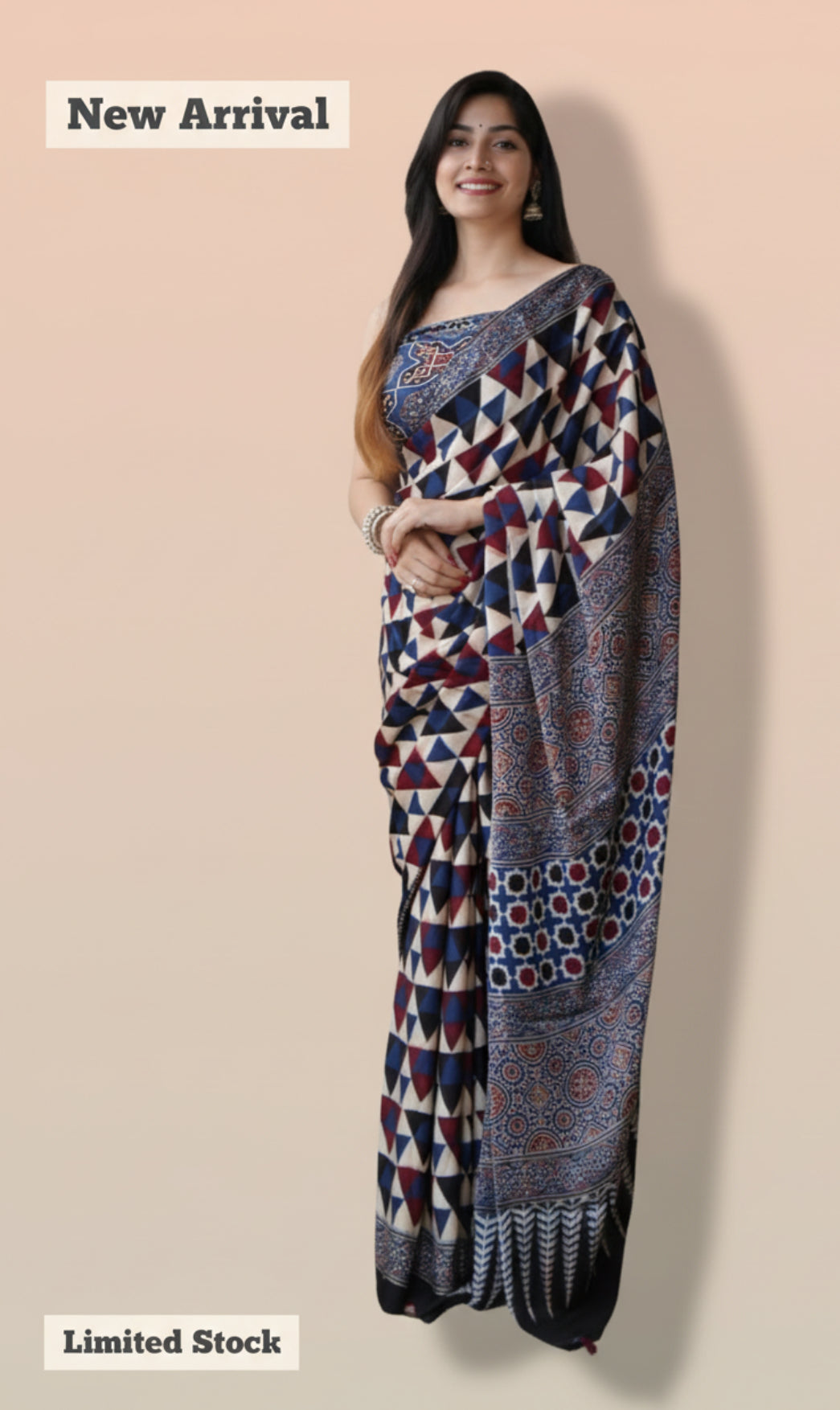Navy Blue Ajrakh Print Geometric Saree | Elegant Partywear Saree