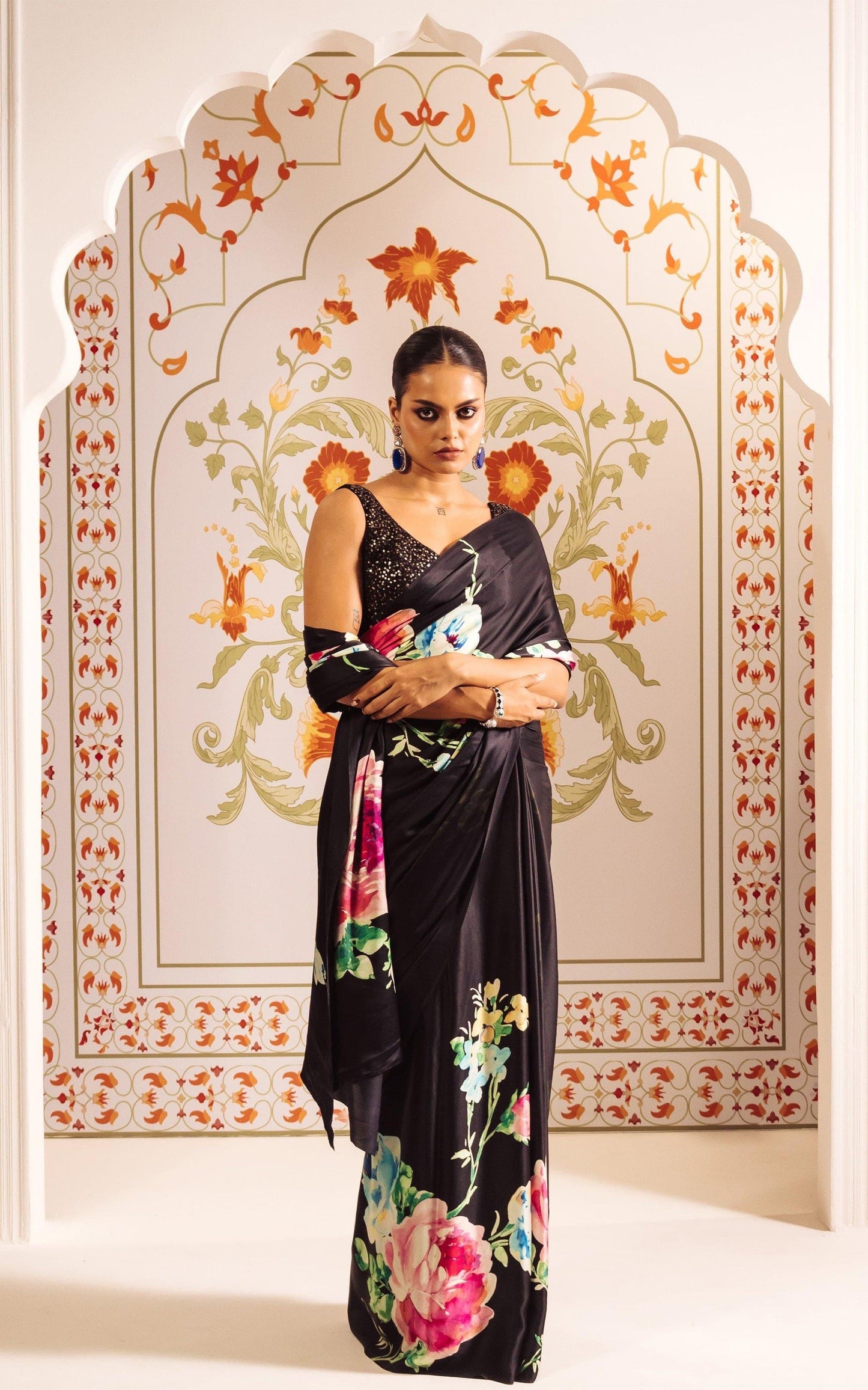 Midnight Bloom Satin Saree with Multicolor Floral Print & Sequin Blouse