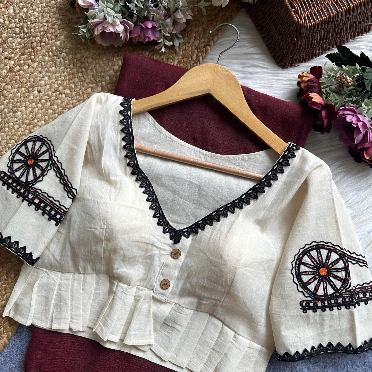 Handcrafted Khadi Cotton Blouse with Spinning Wheel & Patriotic Motif Embroidery