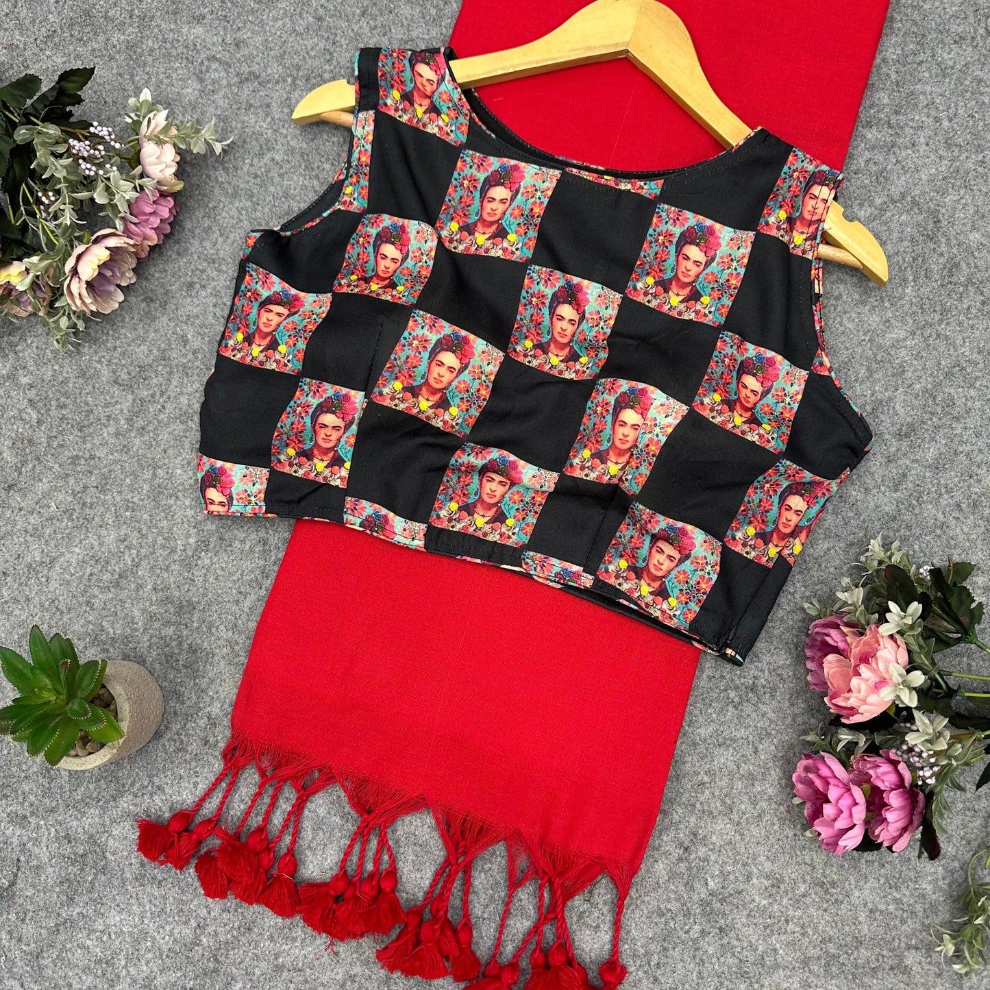 Frida Kahlo Print Blouse with Vibrant Red Tassel Saree