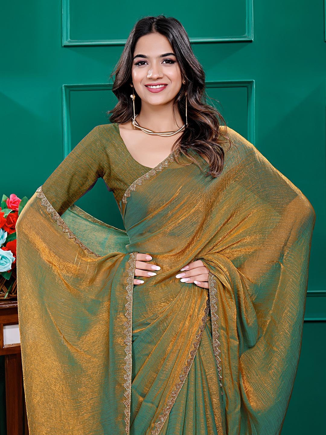 Golden Olive Tissue Saree with Subtle Embroidery