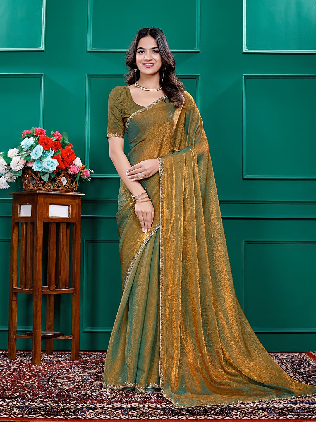 Golden Olive Tissue Saree with Subtle Embroidery
