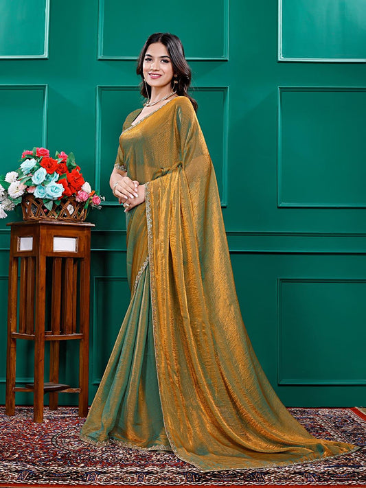 Golden Olive Tissue Saree with Subtle Embroidery