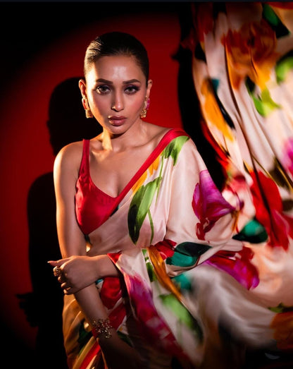 NewOn Fashion Women's Cream Floral Printed Satin Saree With Red Border. Lightweight Partywear Saree With Blouse Piece