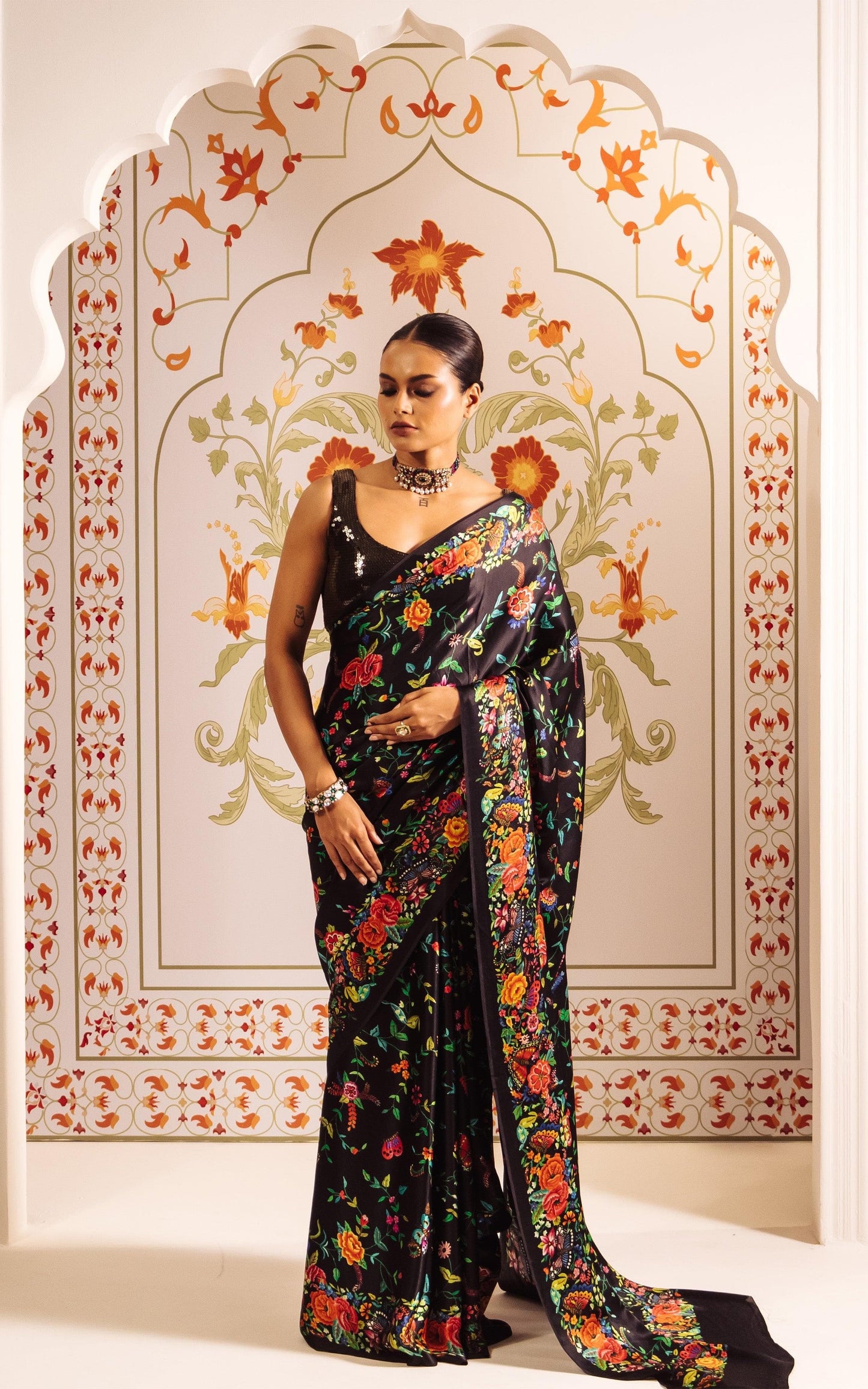 Elegant Black Satin Saree With Beautiful Floral Print - Partywear Saree for Woman By NewOn Fashion