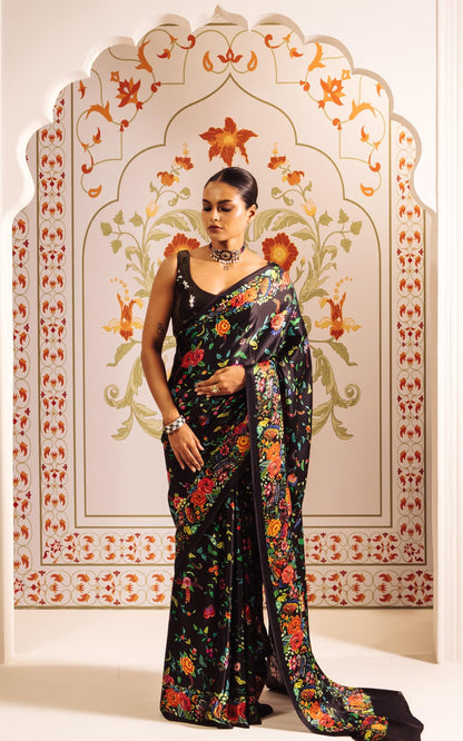 Elegant Black Satin Saree With Beautiful Floral Print - Partywear Saree for Woman By NewOn Fashion