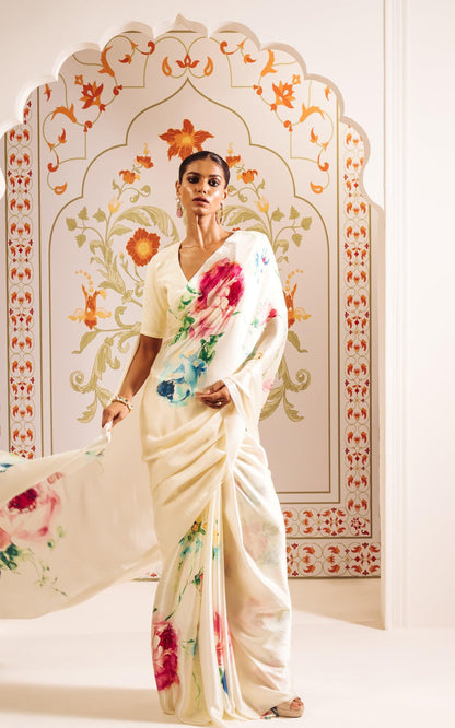 Ivory Elegance Floral Satin Saree with Subtle Sheen & Blouse