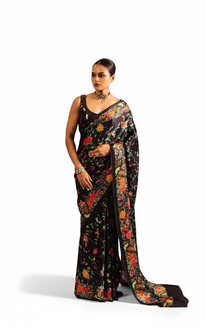 Elegant Black Satin Saree With Beautiful Floral Print - Partywear Saree for Woman By NewOn Fashion