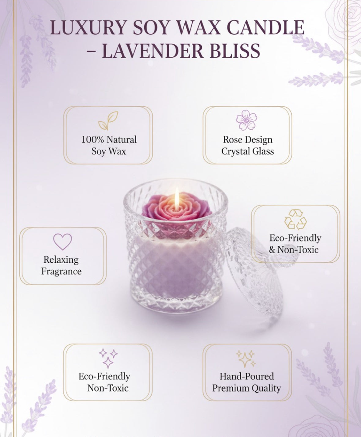Luxury Rose & Lavender Crystal Jar Candle -Hand Poured Soy Wax
