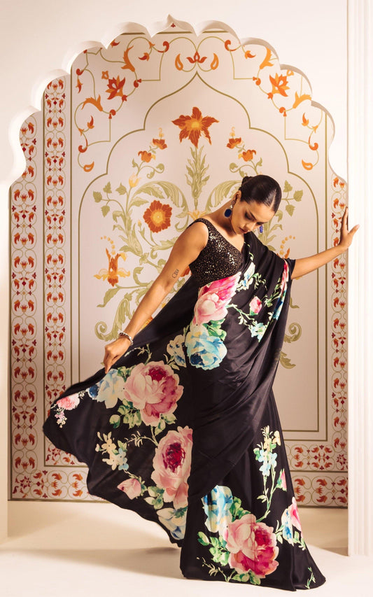 Midnight Bloom Satin Saree with Multicolor Floral Print & Sequin Blouse
