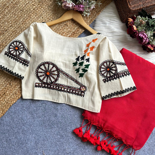 Khadi Heritage Blouse with Tricolor Embroidery & Red Handloom Saree Set