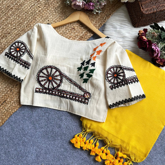 Handcrafted Khadi Blouse with Tricolor Embroidery & Sunshine Yellow Saree Set