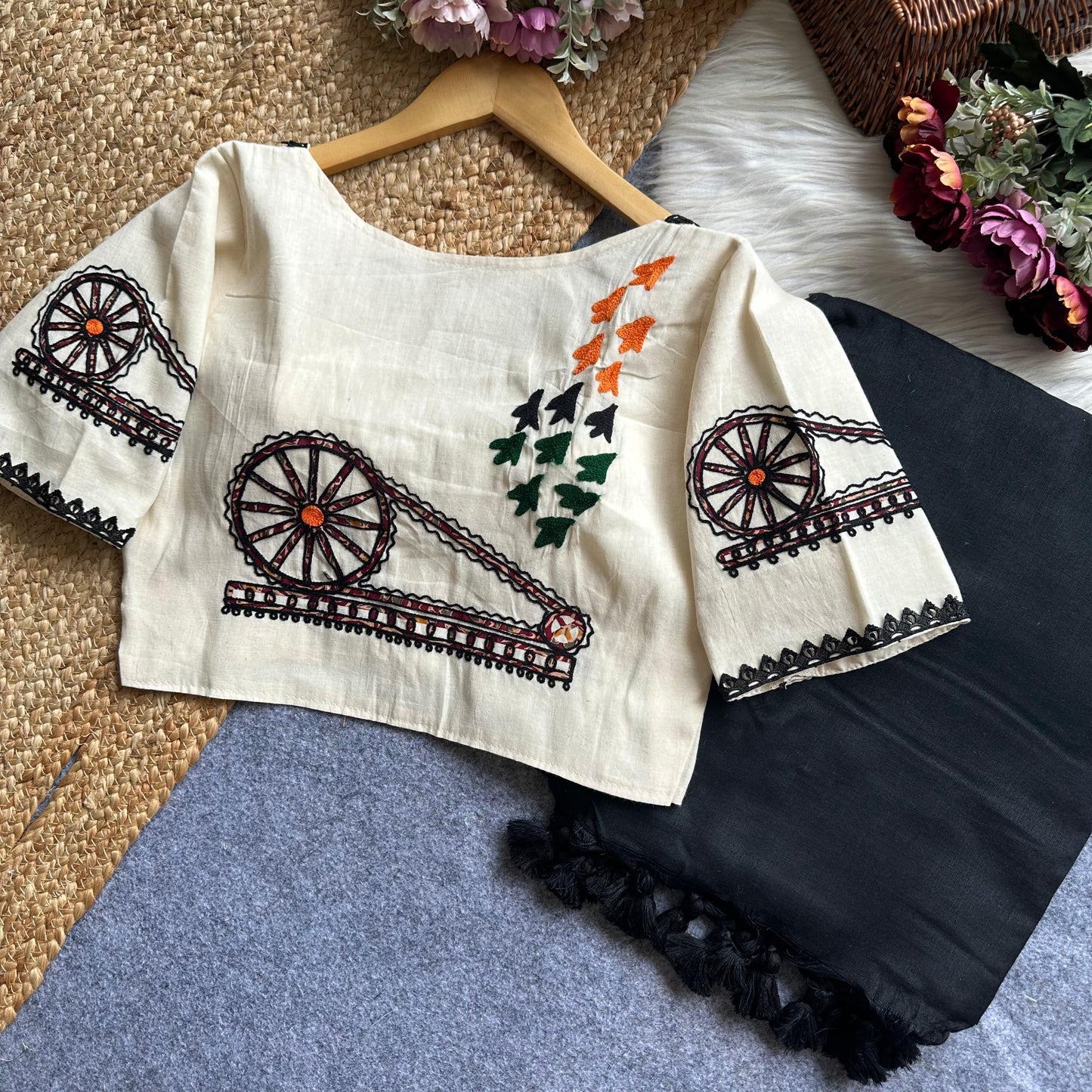 Khadi Charkha Embroidered Blouse with Classic Black Tassel Saree Set
