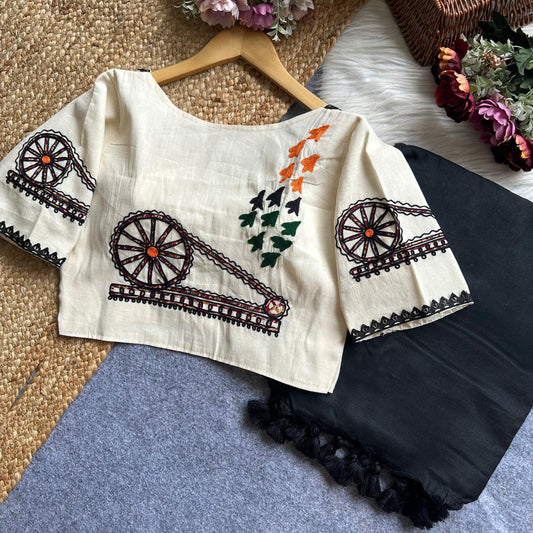 Khadi Charkha Embroidered Blouse with Classic Black Tassel Saree Set