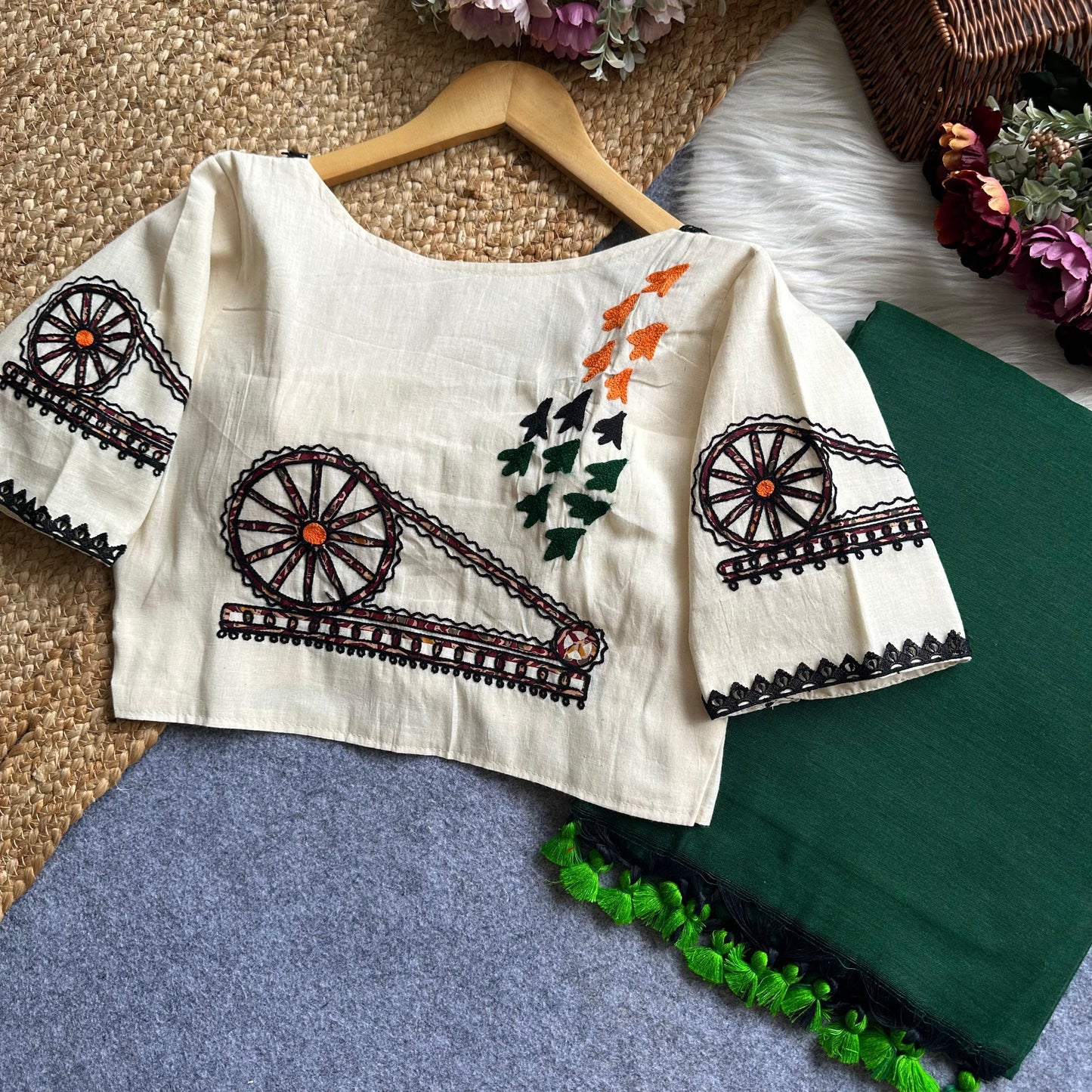 Handwoven Khadi Blouse with Charkha Embroidery & Emerald Green Saree Set