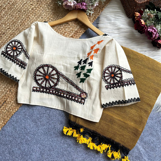 Patriotic Khadi Embroidered Blouse with Mustard Handloom Saree Set