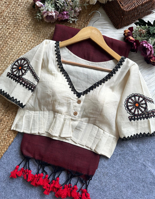 Handcrafted Khadi Cotton Blouse with Spinning Wheel & Patriotic Motif Embroidery