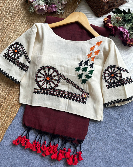 Handcrafted Khadi Cotton Blouse with Spinning Wheel & Patriotic Motif Embroidery
