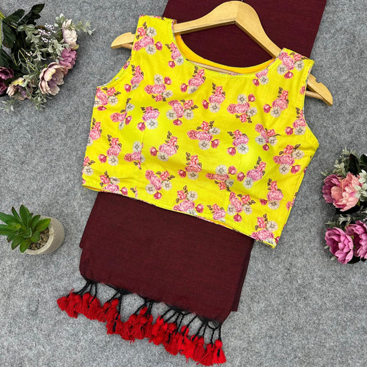 Sunny Floral Blouse with Deep Maroon Saree & Red Tassels