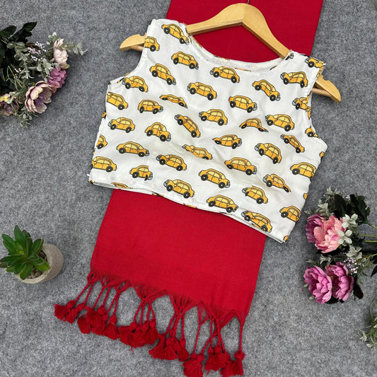 Quirky Yellow Car Print Blouse with Bright Red Cotton Saree