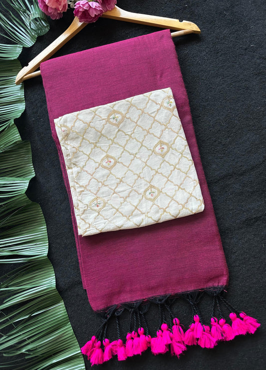 Magenta Cotton Bottom with Cream Embroidered Blouse Fabric
