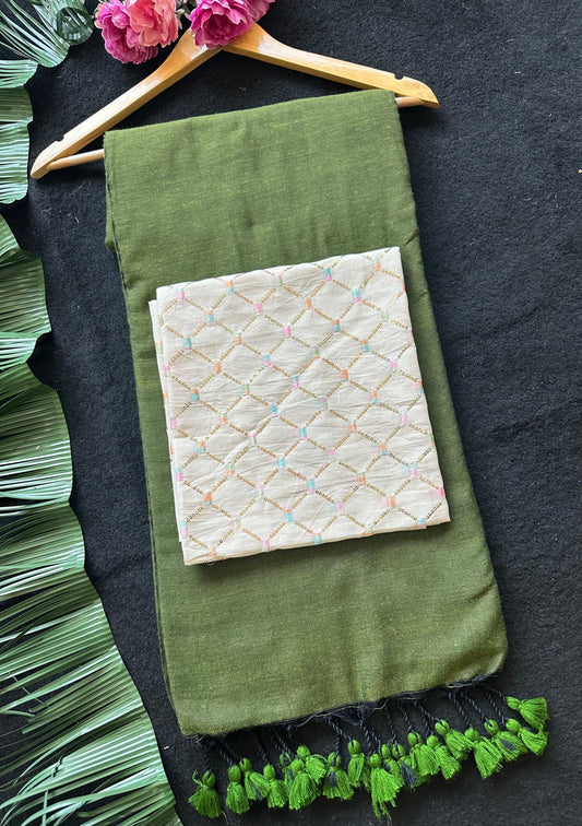 Olive Green Cotton Bottom with Cream Embroidered Blouse Fabric