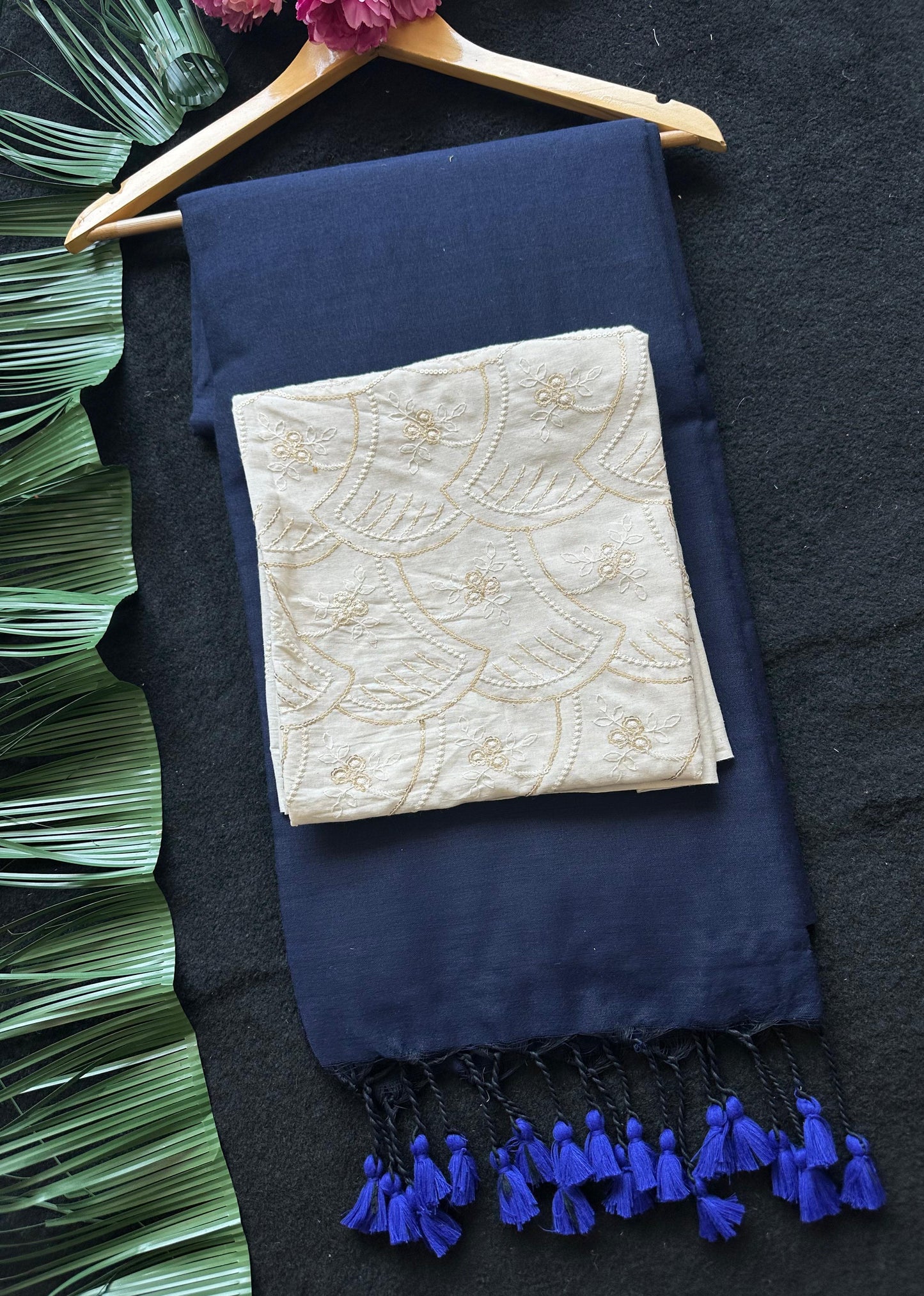 Navy Blue Cotton Bottom with Cream Embroidered Blouse Fabric