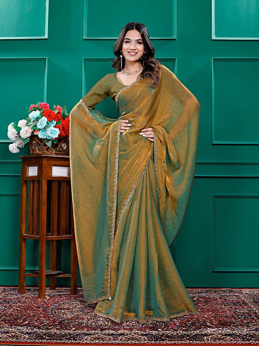 Golden Olive Tissue Saree with Subtle Embroidery