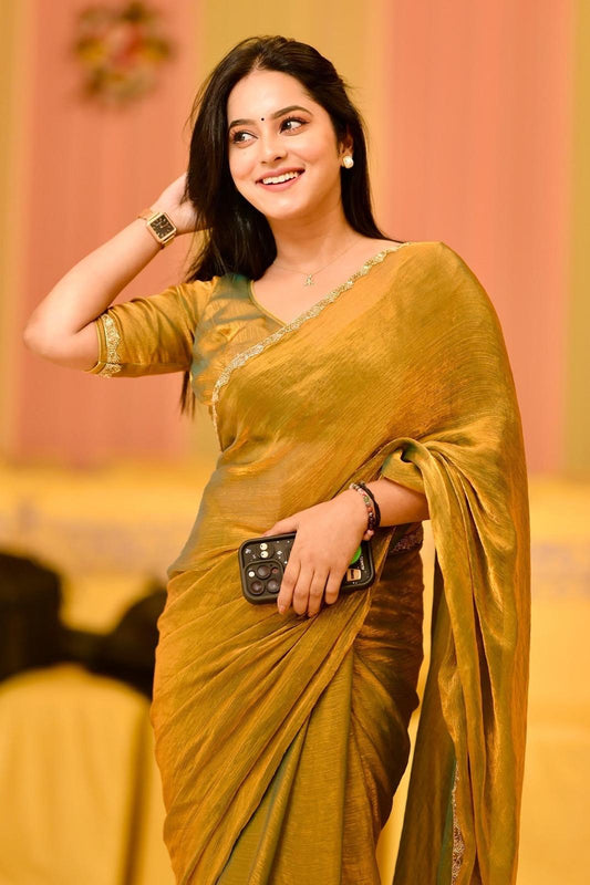 Mustard Gold Crushed Silk Saree with Subtle Gota Detailing