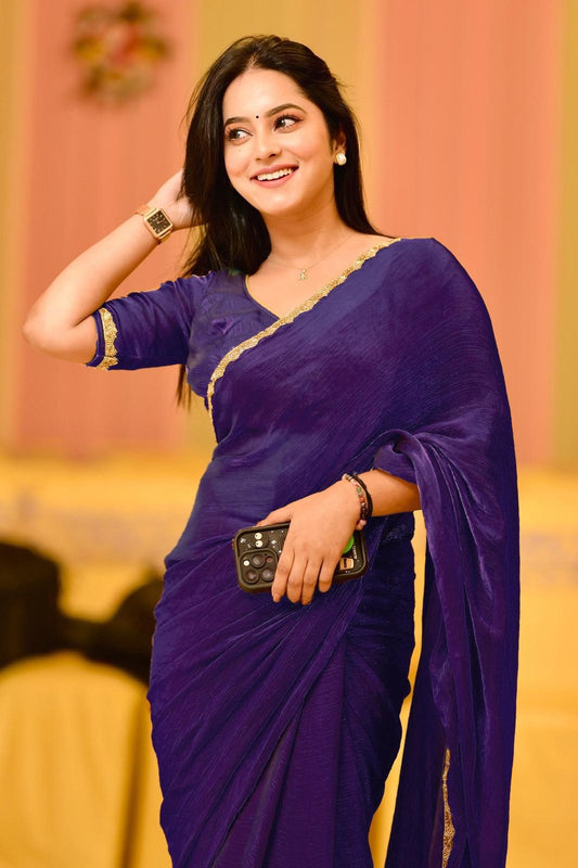 Purple Silk Saree with Subtle Golden Lace