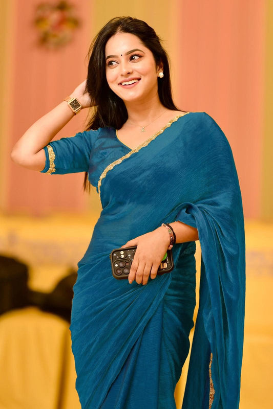 Ocean Teal Crushed Silk Saree with Subtle Golden Lace