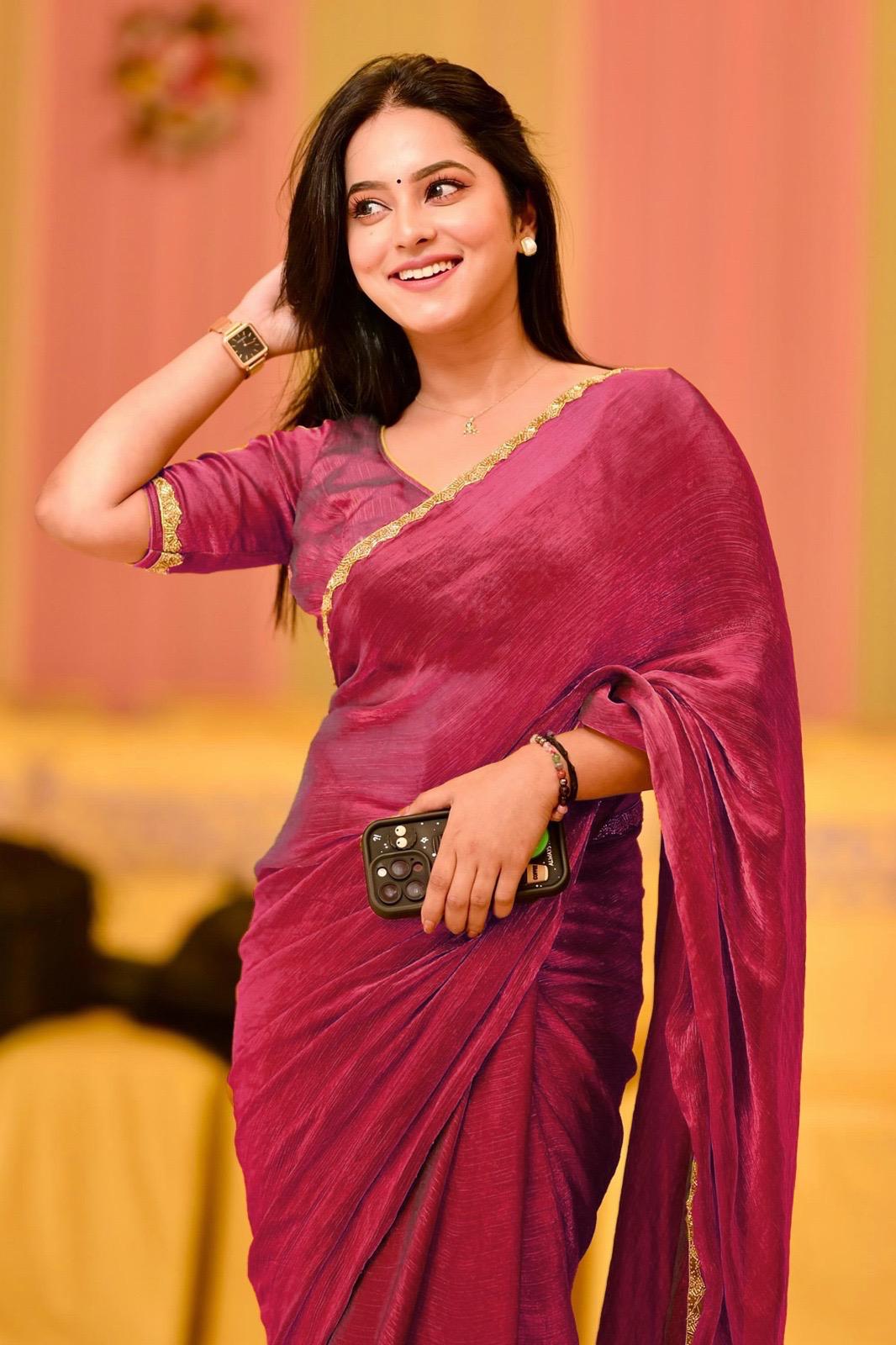 Rose Plum Crushed Silk Saree with Delicate Gota Border