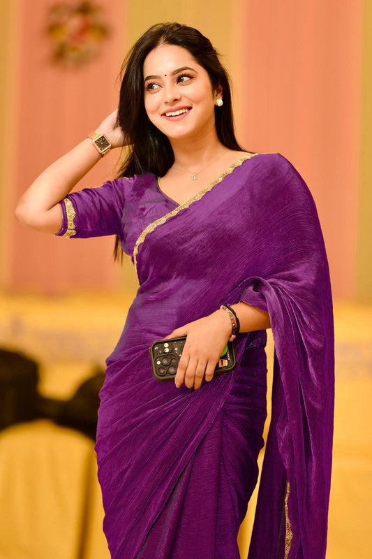 Regal Purple Crushed Silk Saree with Gota Lace Detailing