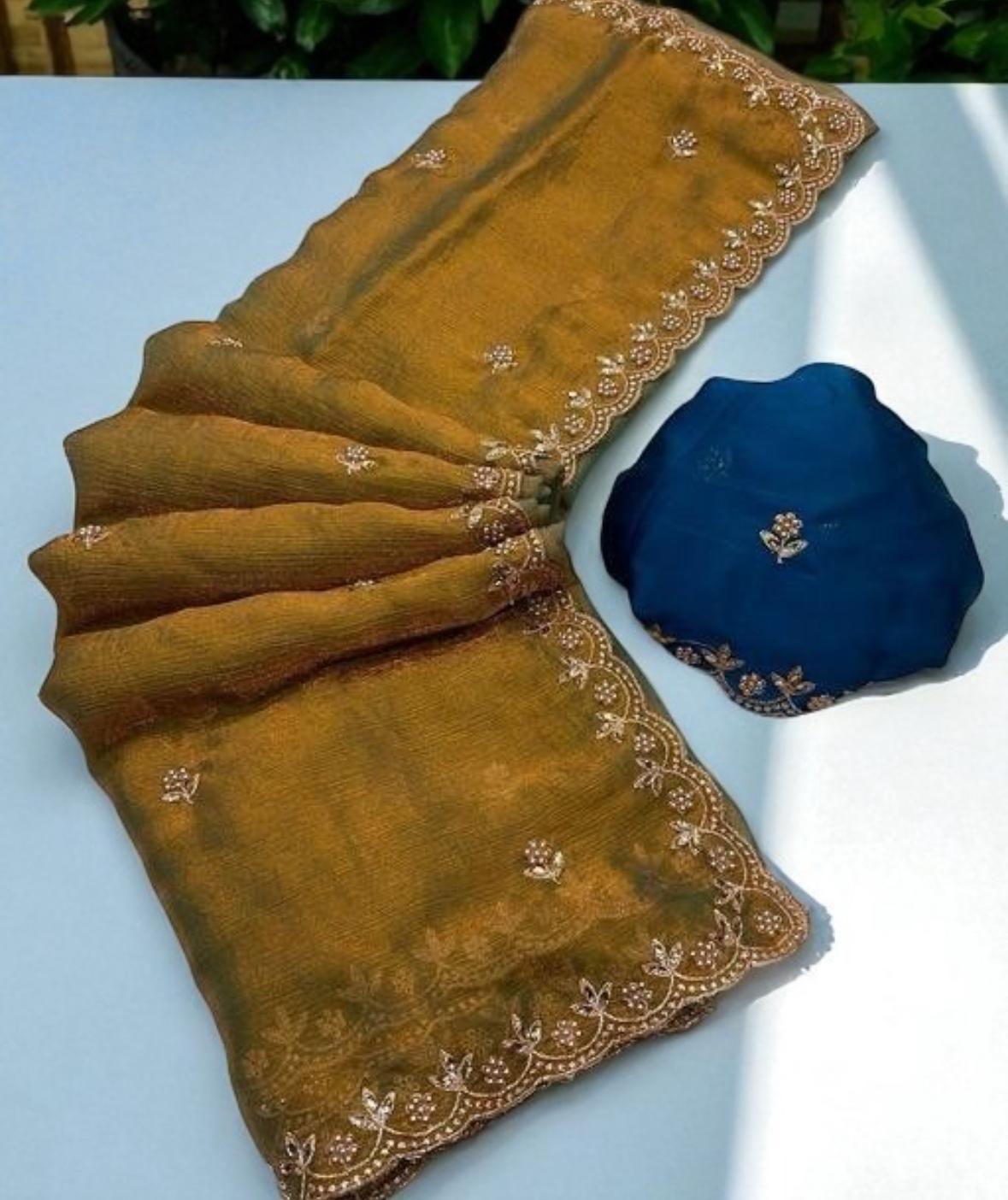 Olive Gold Organza Saree with Navy Embroidered Blouse