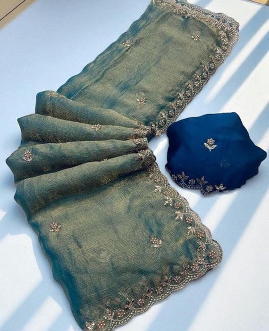 Mystic Teal Organza Saree with Navy Blouse