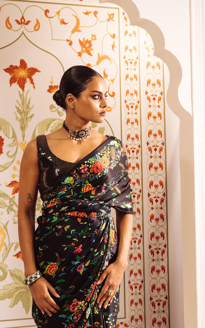 Elegant Black Satin Saree With Beautiful Floral Print - Partywear Saree for Woman By NewOn Fashion