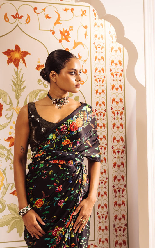 Elegant Black Satin Saree With Beautiful Floral Print - Partywear Saree for Woman By NewOn Fashion