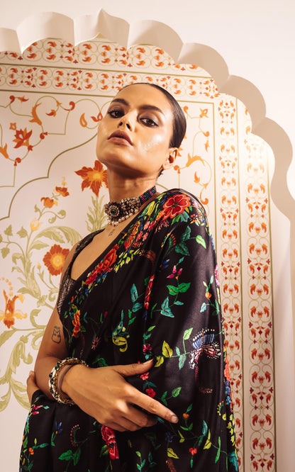 Elegant Black Satin Saree With Beautiful Floral Print - Partywear Saree for Woman By NewOn Fashion