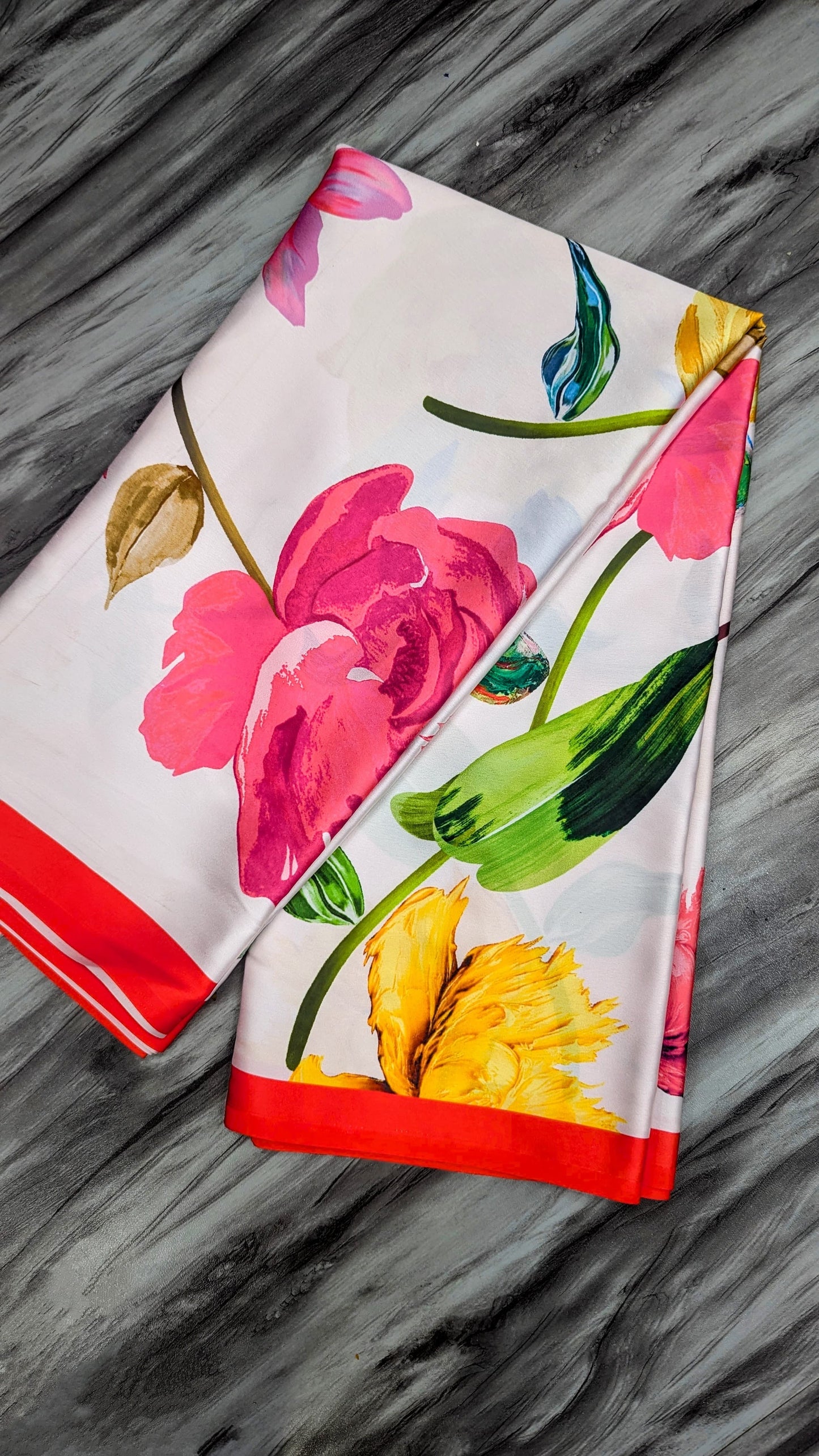 NewOn Fashion Women's Cream Floral Printed Satin Saree With Red Border. Lightweight Partywear Saree With Blouse Piece