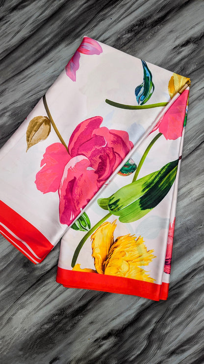 NewOn Fashion Women's Cream Floral Printed Satin Saree With Red Border. Lightweight Partywear Saree With Blouse Piece