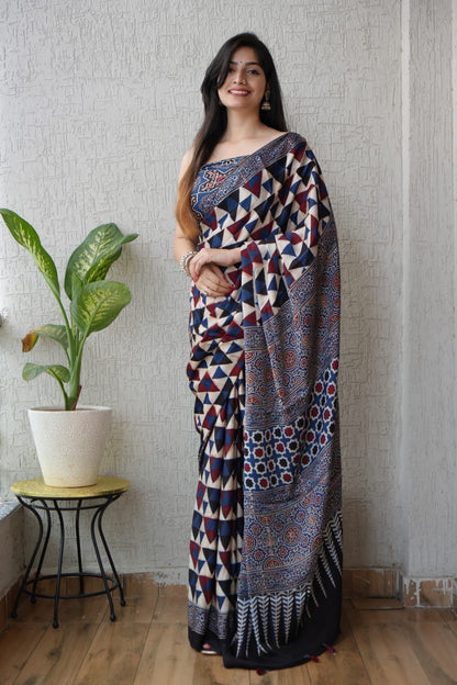 Navy Blue Ajrakh Print Geometric Saree | Elegant Partywear Saree