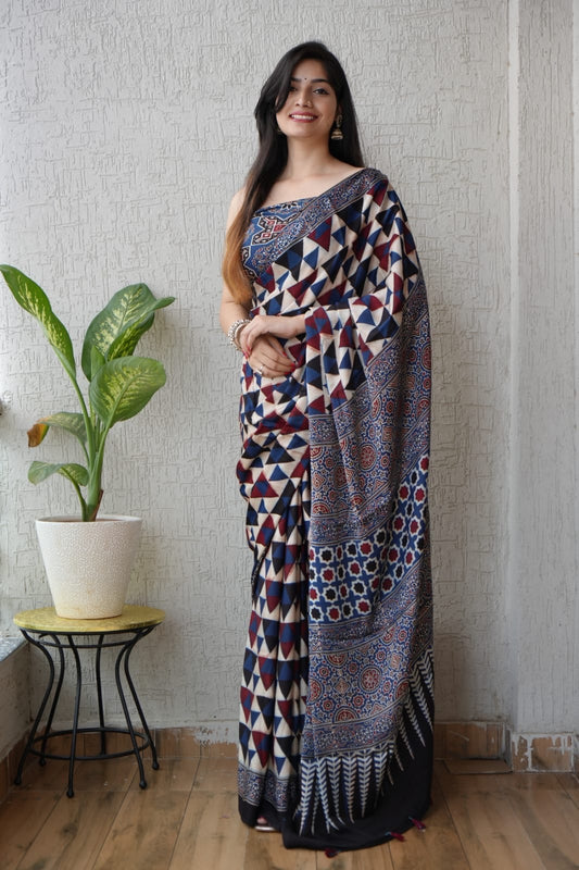 Navy Blue Ajrakh Print Geometric Saree | Elegant Partywear Saree