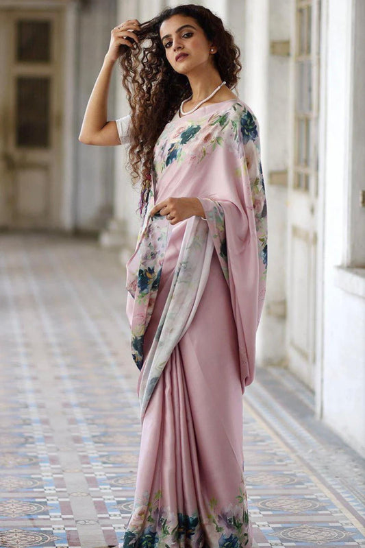 Soft Pink Floral Printed Saree For Women | Elegant Partywear Saree - NewOn Fashion